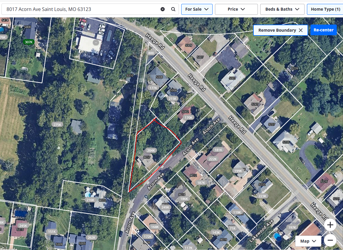 Aerial view of 8017 Acorn Avenue with the property outlined in red.
